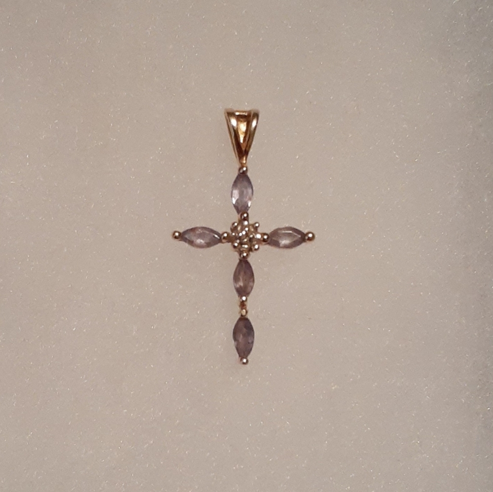 Solid 14k Gold Tanzanite Diamond Cross Pendant - Picture 6 of 14